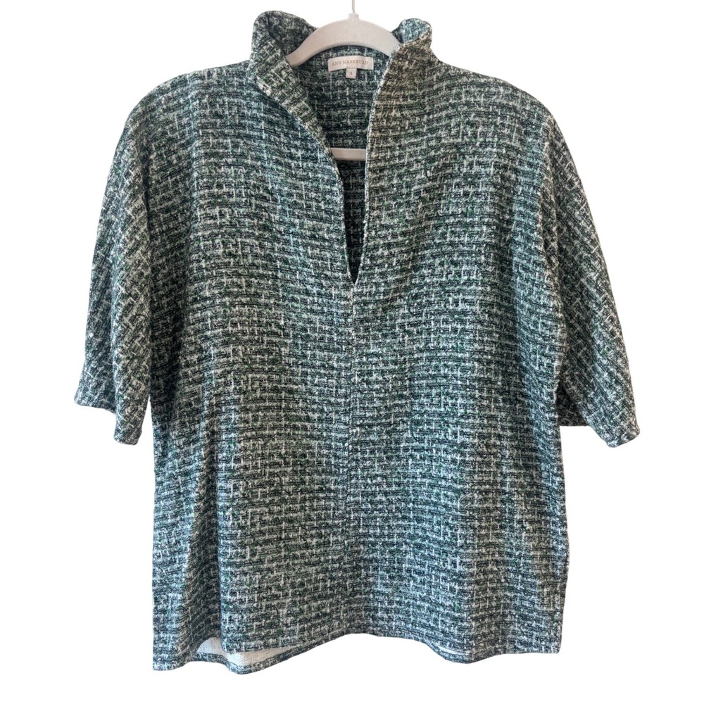 Ann Mashburn Green Tweed Short Sleeve Funnel Neck Violetta Top Women's Small